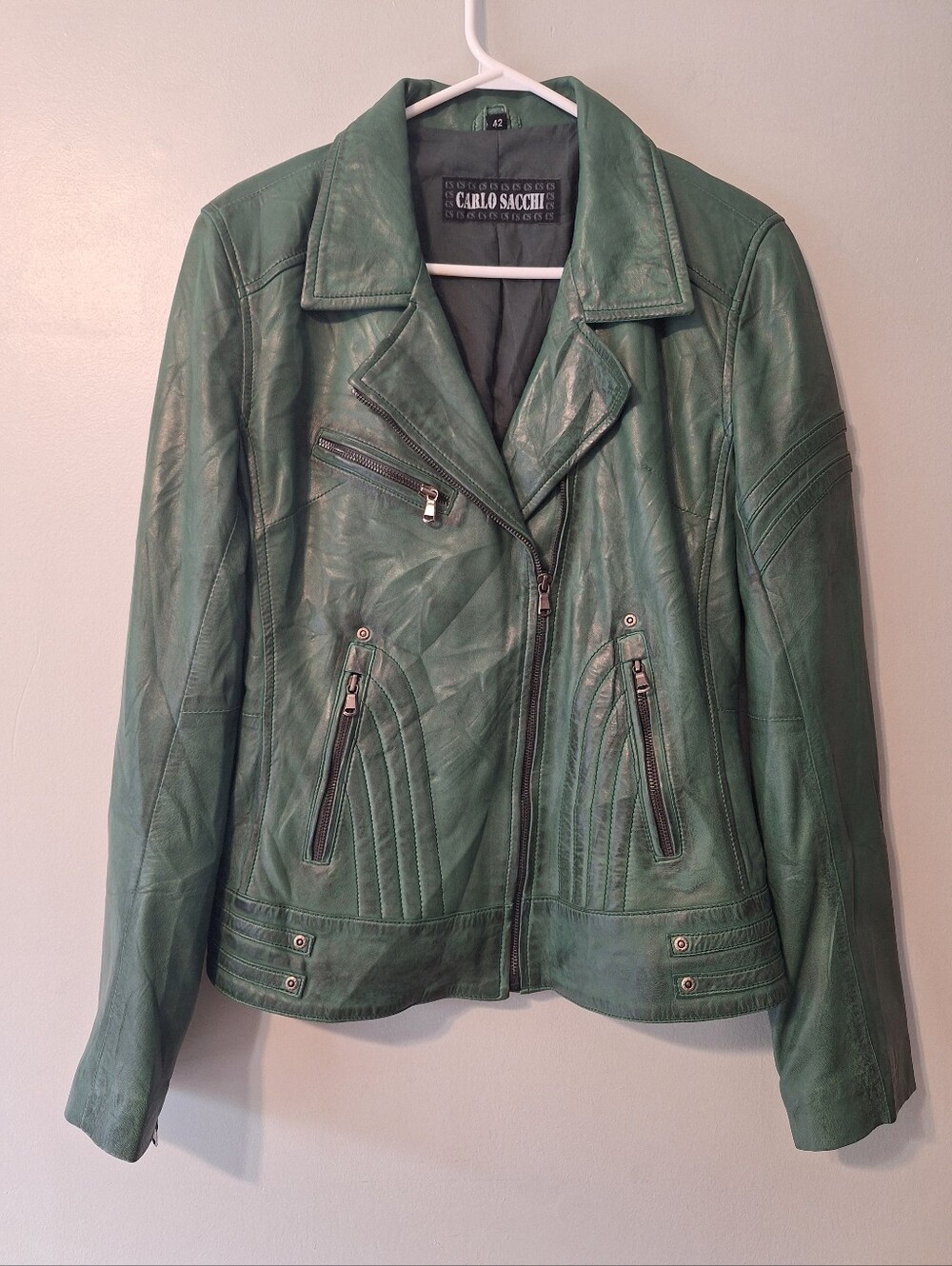 Carlos Sacchi Green Leather Moto Jacket